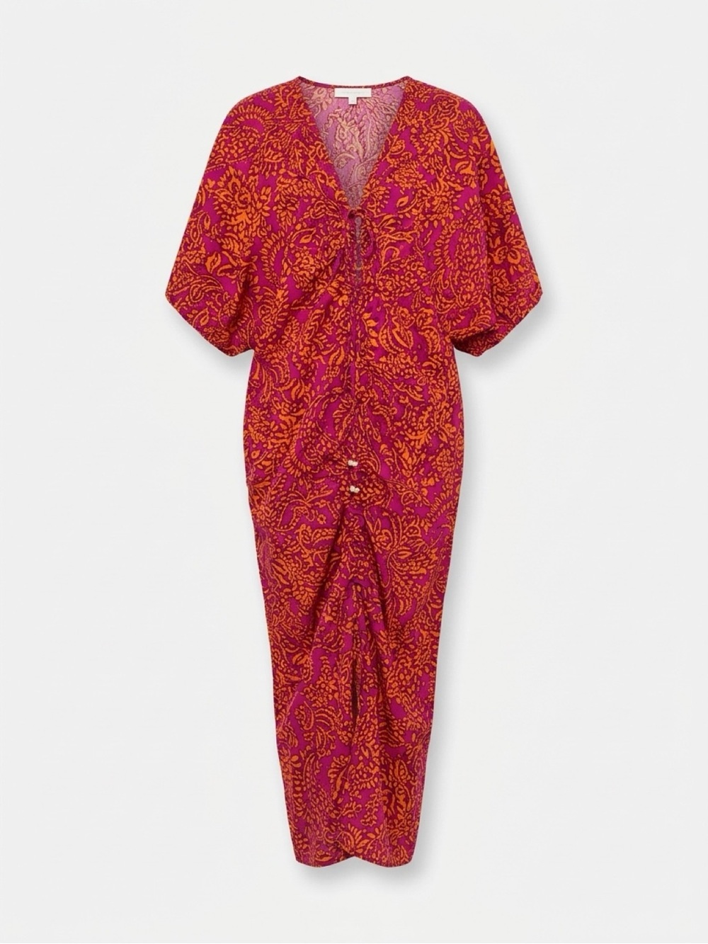 Zara Magenta & Orange Paisley Ruched Midi Dress